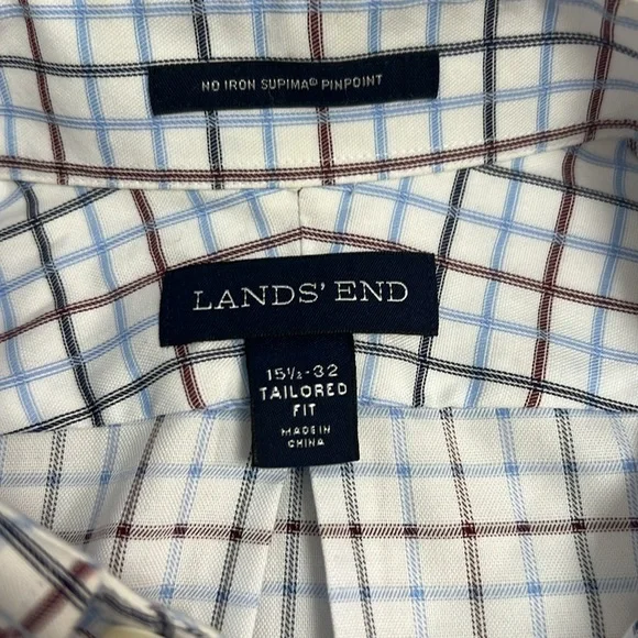 Lands End windowpane plaid tailored fit long sleeve collared button down 15.5 32 - Picture 5 of 8